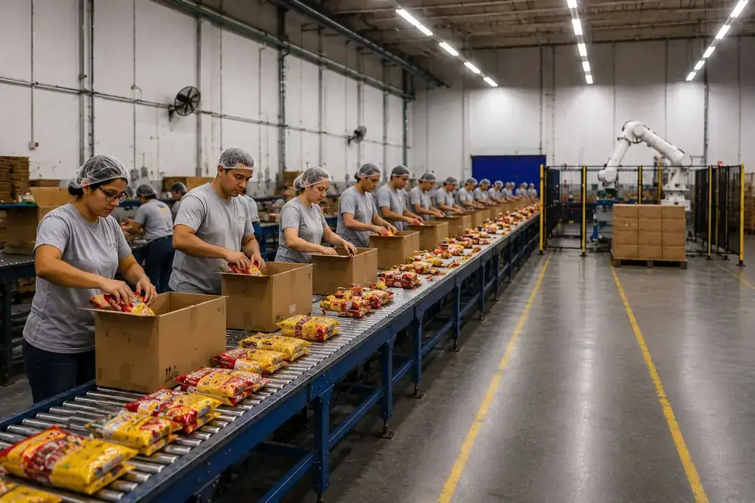 Linha de embalagem industrial com esteira, formadora de caixa e paletizador robótico